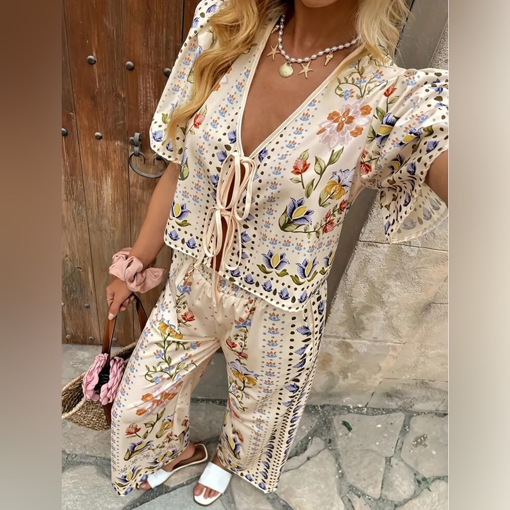 Floral Boho Euro Summer Matching Top & Pants 2 Piece Set Resort Vacation Outfit